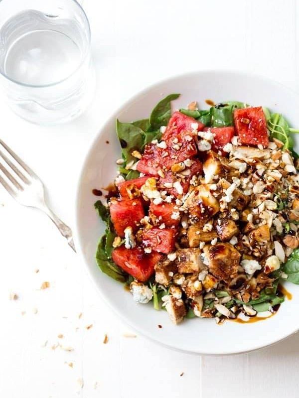 Chopped Watermelon Chicken Salad - blue cheese, watermelon, almonds, spinach, chicken, and a balsamic reduction. Like summer on a plate! 300 calories. | pinchofyum.com