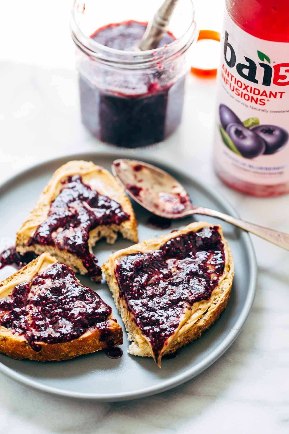 Jam on bread on a plate.