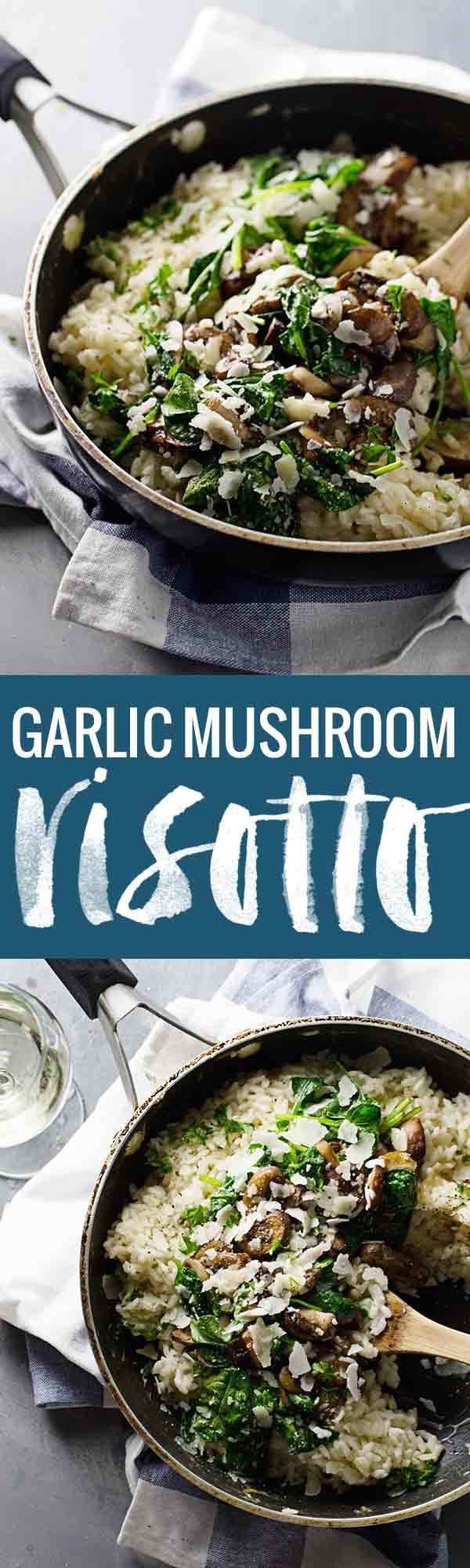 Garlic Butter Mushroom Risotto - super simple! white wine, garlic, mushrooms, butter, spinach, and creamy risotto. 370 calories. | pinchofyum.com