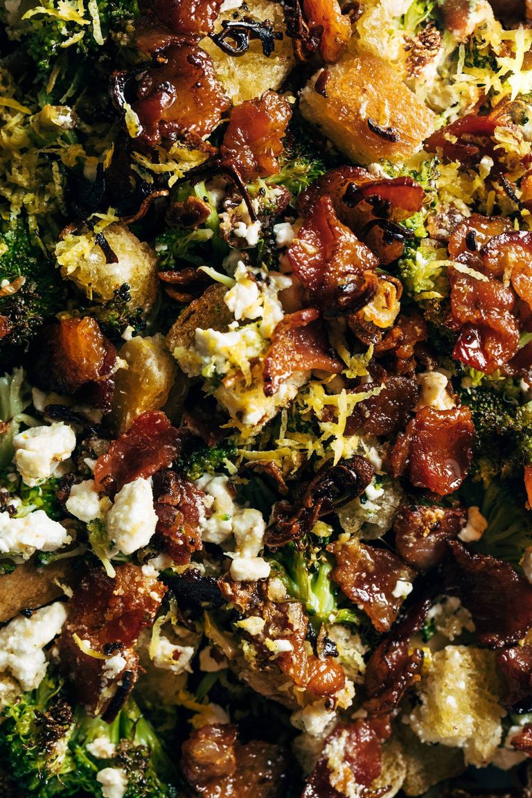 Roasted broccoli with bacon and cheese.