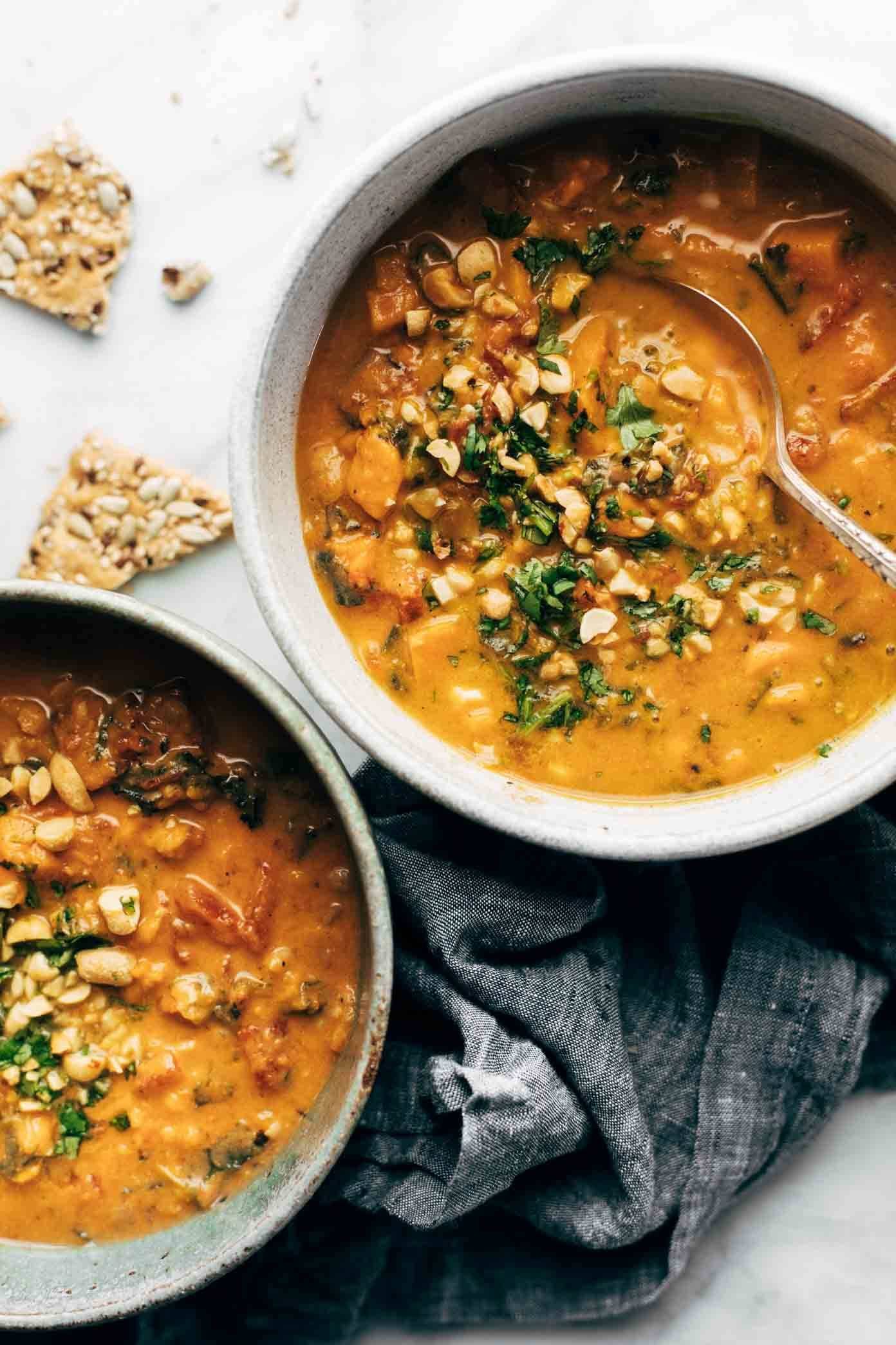 Sweet potato peanut soup in a bowls.