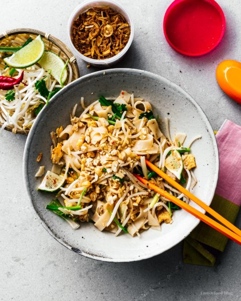 Make better than take out chicken and shrimp peanut free pad Thai right at home. Sweet, salty, savory – pad Thai is universally loved and for good reason. Forget delivery and customize your Pad Thai just the way you like it – this one had no peanuts because around here we do the #peanutfree life. Instead, there are buttery roasted cashews for that nutty crunch. #padthai #recipes #dinner #noodles #padthairecipe #thairecipes