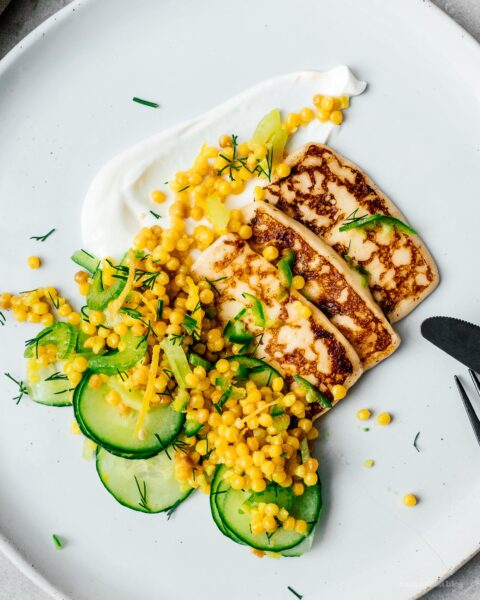 Pan-fried Halloumi with Israeli cous cous salad | www.iamafoodblog.com