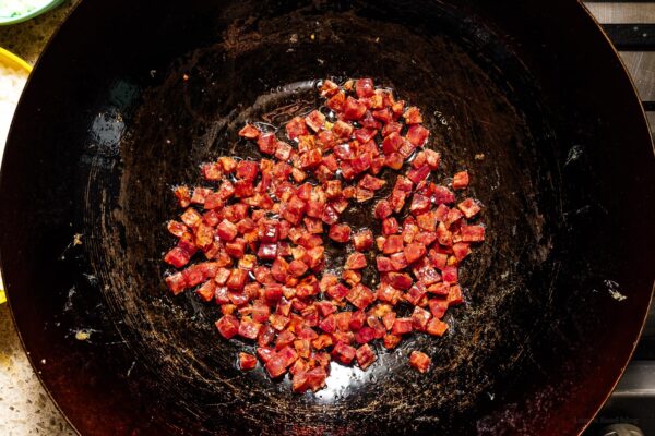 chinese sausage in a wok | www.iamafoodblog.com