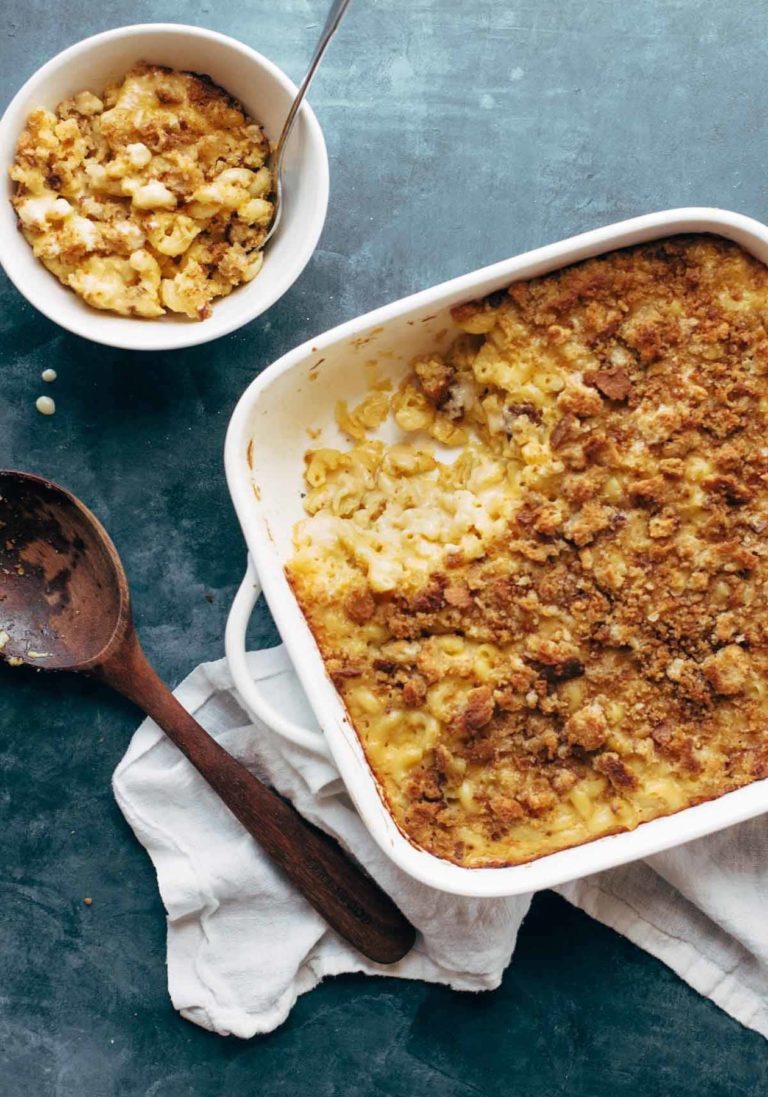 Baked mac and cheese in a casserole dish.