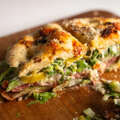 Focaccia grinder sandwich sliced.