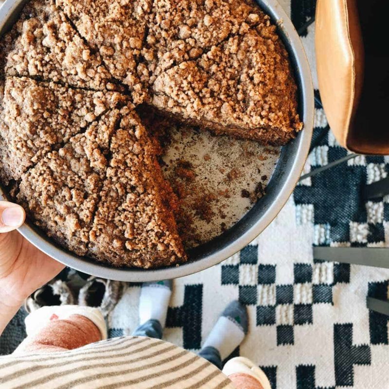 Coffee cake sliced in a bowl.