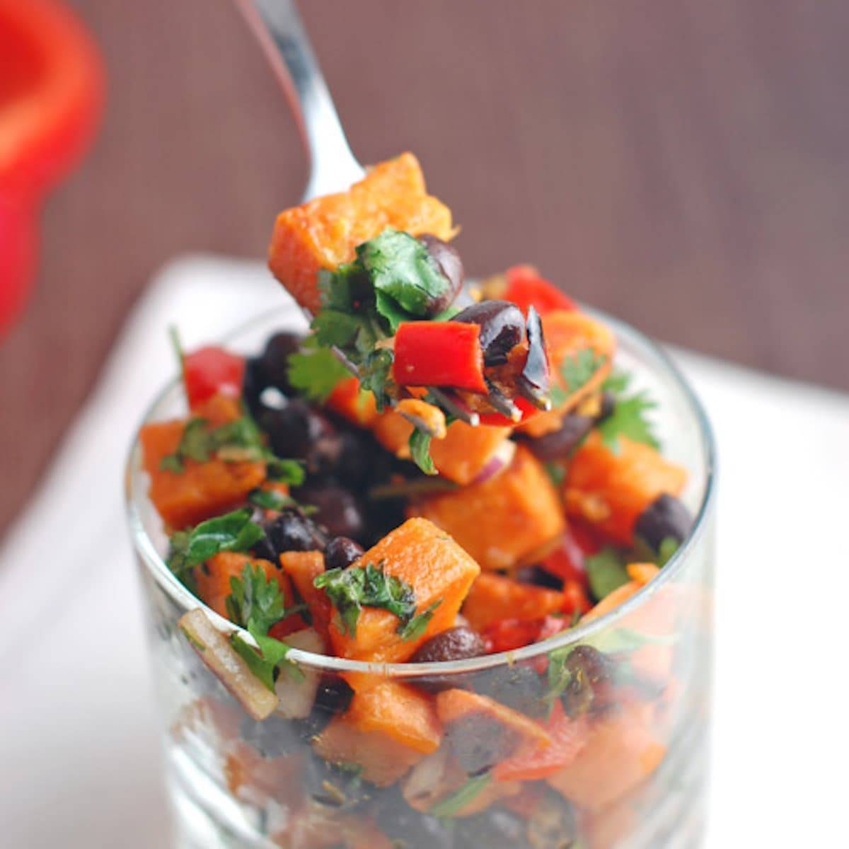 Roasted sweet potato salad with roasted sweet potatoes and a simple dressing. 