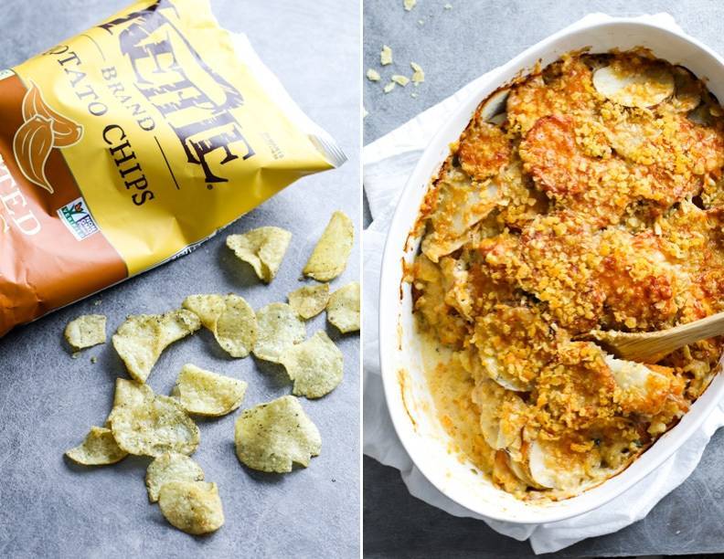 Bag of chips and Garlic Herb Cheesy Potatoes.